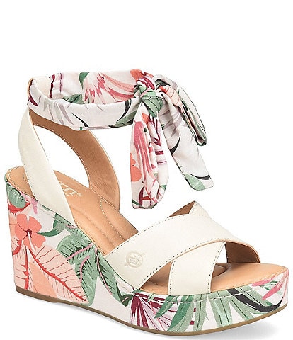 Born Airedale Tropical Floral Print Ankle Tie Platform Wedge Sandals