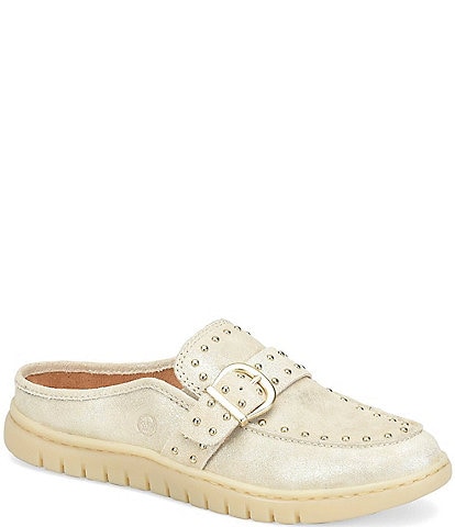 Born Alora Metallic Leather Studded Buckle Strap Loafer Mules