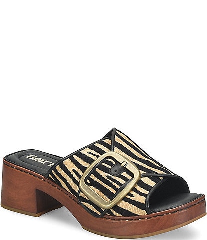 Born Bangle Raffia Zebra Print Buckle Platform Slide Sandals
