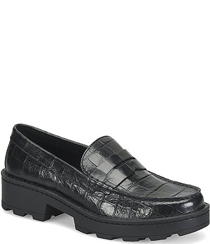 Born Carrera Crocodile Embossed Leather Lug Sole Platform Penny Loafers