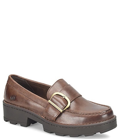 Born Contessa Leather Buckled Strap Lug Sole Loafers