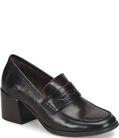 Born Lora Leather Block Heel Penny Loafer Pumps