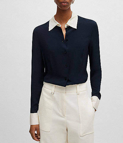 BOSS by Hugo Boss Billah Crepe De Chine Contrast Detail Point Collar Long Sleeve Button Front Blouse