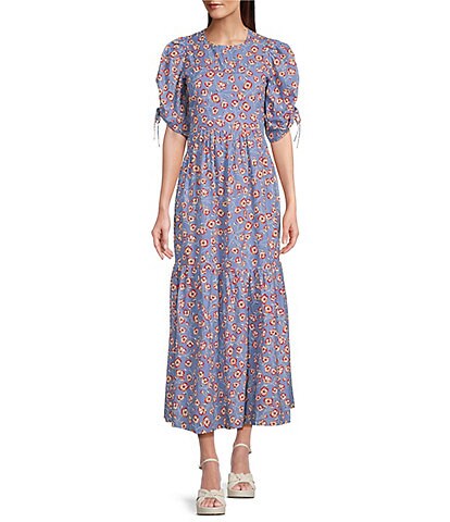 BOSS by Hugo Boss Summer Sky Fantasy Floral Print Cotton 3/4 Puffed Sleeve A-Line Tiered Maxi Dress