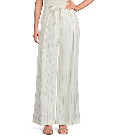 BOSS by Hugo Boss Coordinating Tiana Linen Blend Pinstripe Wide Leg Pleated Trouser