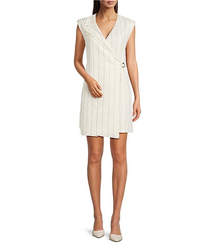 BOSS by Hugo Boss Dagania Pinstripe Linen Blend V-Neck Sleeveless Wrap Dress