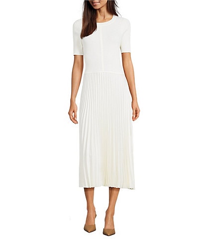 BOSS By Hugo Boss Fadridi Knit Crew Neck Short Sleeve Fit And Flare Pleated Skirt Midi Dress