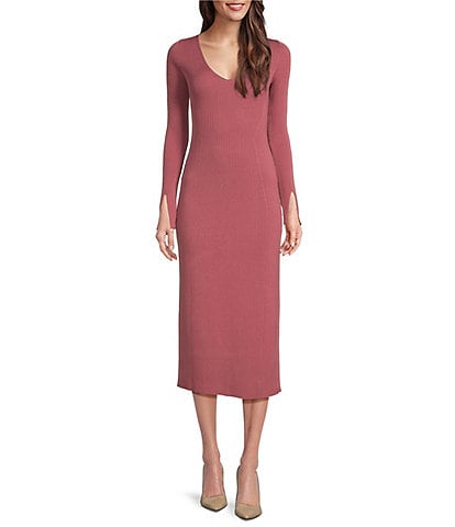 BOSS by Hugo Boss Formina Knit V-Neck Long Sleeve Bodycon Midi Dress