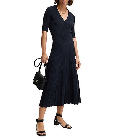 BOSS By Hugo Boss Fracie Ribbed Knit V-Neck Elbow Sleeve Fit-And-Flare Midi Dress