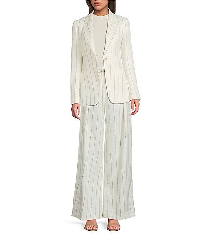 BOSS by Hugo Boss Pinstripe Point Lapel Long Sleeve Single Breasted Blazer & Linen Blend Pinstripe Wide Leg Pleated Trouser