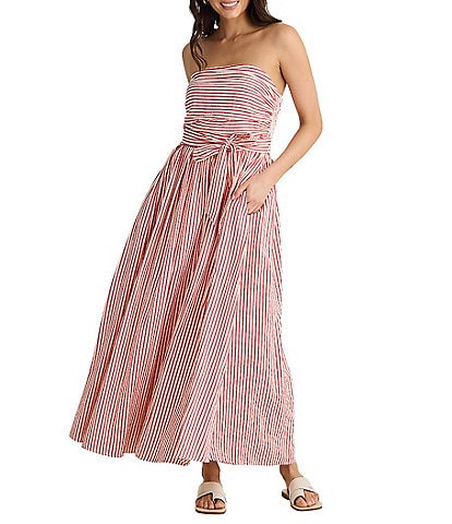 Brave + True Avalon Gathered Shirred Strapless Sleeveless Striped Seersucker Belted Maxi Dress