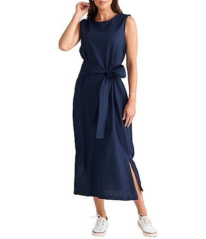 Brave + True Linen Blend Sleeveless Tie Front Smocked Back Midi Dress