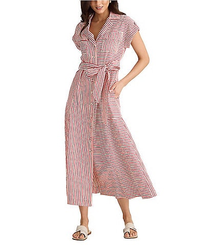 Brave + True Portia Short Sleeve Striped Collared Button Front Midi Shirt Dress