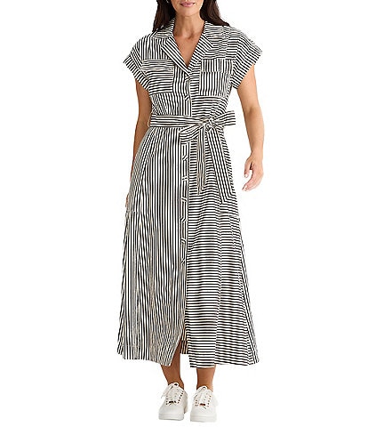Brave + True Portia Short Sleeve Striped Collared Button Front Midi Shirt Dress