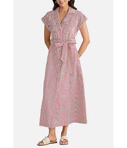 Brave + True Portia Short Sleeve Striped Collared Button Front Midi Shirt Dress