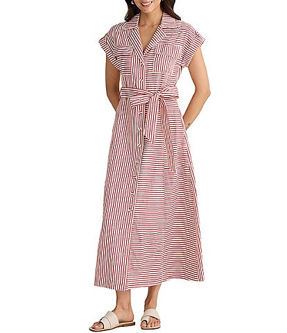 Brave + True Portia Short Sleeve Striped Collared Button Front Midi Shirt Dress