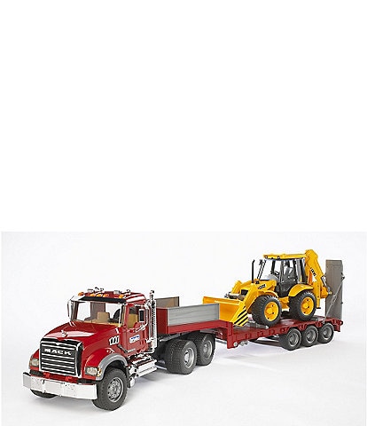 Bruder Toy Mack Truck Granite Flatbed Truck With JCB Loader Backhoe