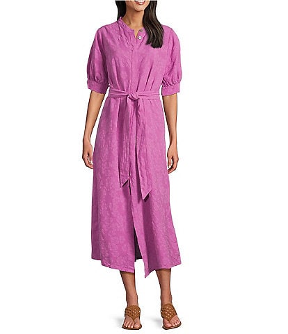 Bryn Walker Augustina Floral Cotton Jacquard Banded Collar Elbow Sleeve Button Front Dress