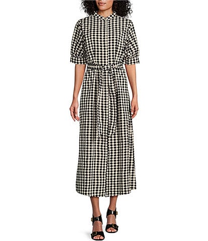 Bryn Walker Augustina Organic Cotton Poplin Checkered Print Banded Collar Elbow Puff Sleeve Belted Button-Front Midi Dress