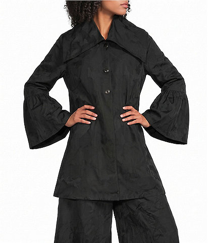 Bryn Walker Babette Memory Crunch Jacquard Draped-Point Collar Long Bell Sleeve Button-Front Jacket