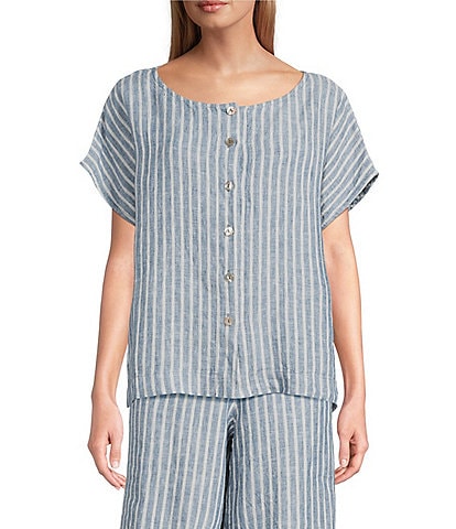 Bryn Walker Bessie Stripe Linen Round Neck Cap Sleeve Button Front Coordinating Shirt
