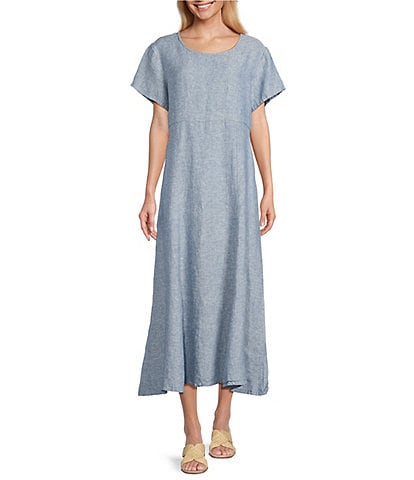 Bryn Walker Britta Cross-Dyed Linen Round Neck Short Sleeve Dress