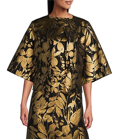 Bryn Walker Calla Woven Gold Foiled Floral Print Round Neck Elbow Sleeve Jacket