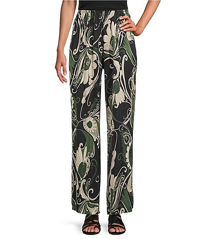 Bryn Walker Coordinating Giardino Print Viscose Satin Elastic Waist Full Length Wide Leg Pants