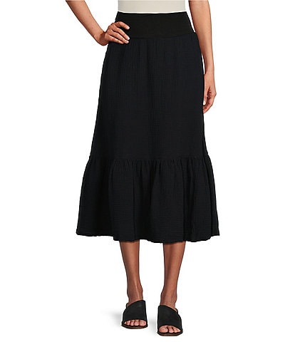 Bryn Walker Cotton Gauze A-Line Wide Waistband Ruffle Coordinating Midi Skirt
