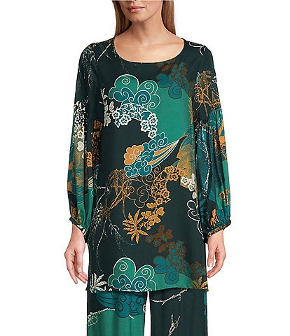 Bryn Walker Crepe Floral Woven Scoop Neck Long Sleeve Oversized Tunic