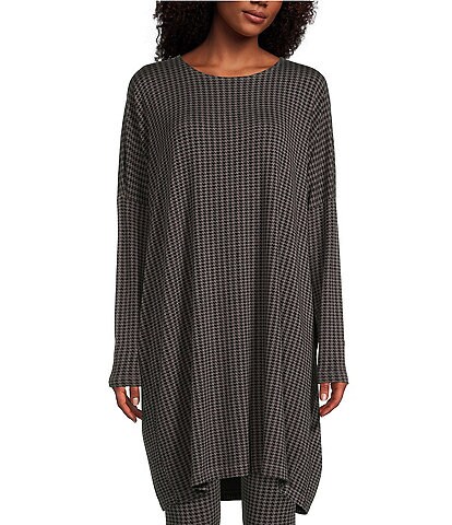 Bryn Walker Damien Houndstooth Print Long Sleeve Round Neck French Terry Knit Oversized Tunic