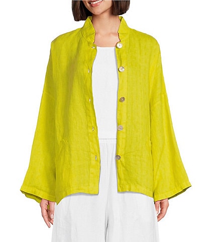 Bryn Walker Danuta Finestra Windowpane Light Linen Mandarin Collar Long Wide Sleeve Oversized Button-Front Jacket