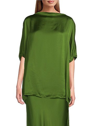 Bryn Walker Debo Viscose Satin Drape Boat Neck Cap Sleeve High-Low Tunic