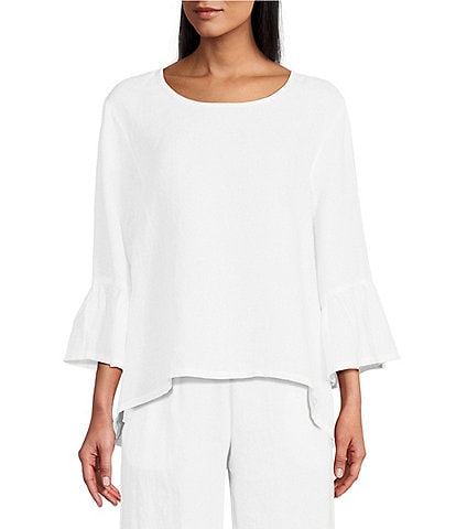 Bryn Walker Fran Basic Light Linen Round Neck Ruffle 3/4 Bell Sleeve High-Low Coordinating Shirt