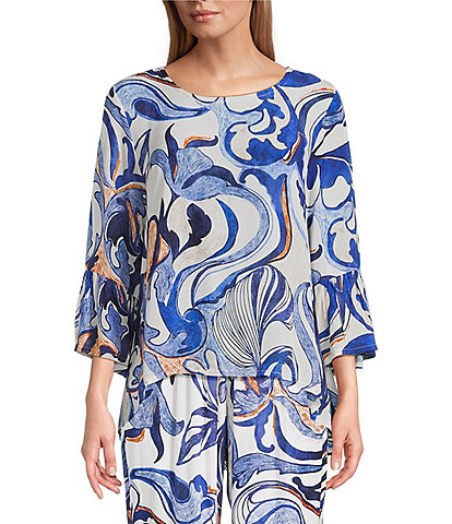 Bryn Walker Fran Printed Round Neck 3/4 Ruffle Bell High-Low Sleeve Top