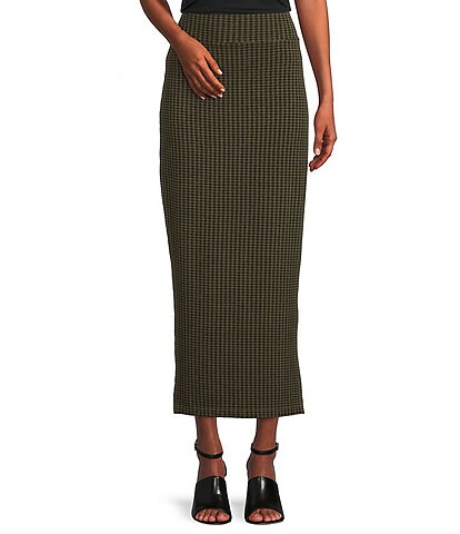 Bryn Walker Houndstooth Print French Terry Knit Pull-On Back Slit Maxi Pencil Skirt