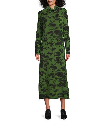 Bryn Walker Jersey Knit Floral Print Mock Neck Long Sleeve Shift Dress