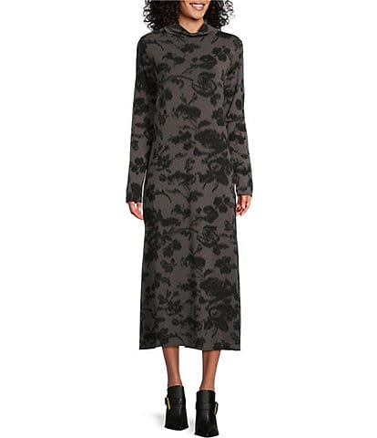 Bryn Walker Jersey Knit Floral Print Mock Neck Long Sleeve Shift Dress