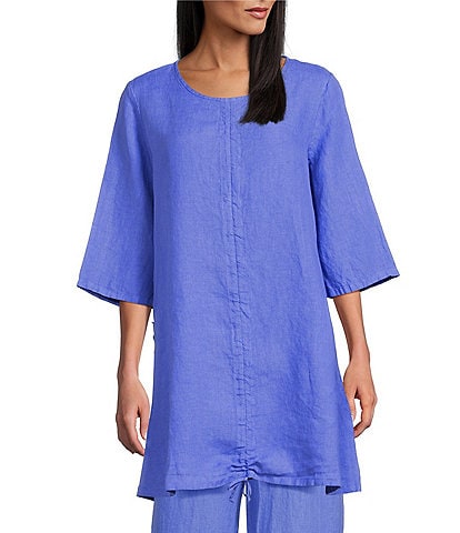 Bryn Walker Josie Light Linen Round Neck 3/4 Sleeve Ruched Tie Coordinating Tunic