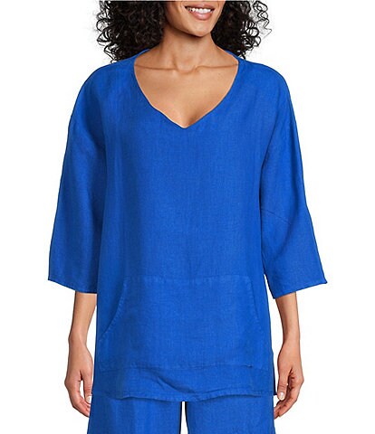 Bryn Walker Judy Light Linen V-Neck 3/4 Sleeve Oversized Shirt