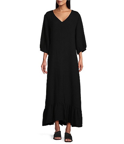 Bryn Walker Lana Cotton Gauze V-Neck 3/4 Sleeve Ruffle Hem Shift Dress