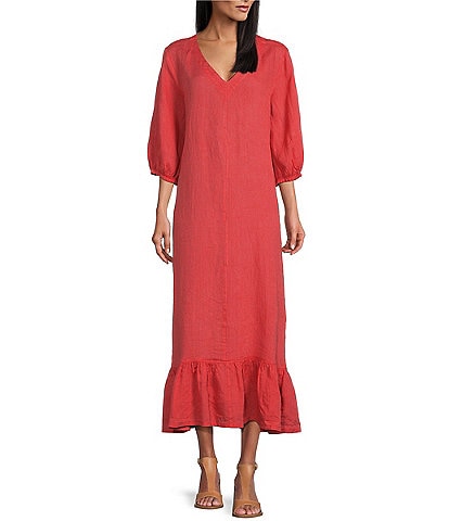Bryn Walker Lana Cross-Dyed Linen V-Neck 3/4 Puff Sleeve Ruffle Hem Shift Maxi Dress