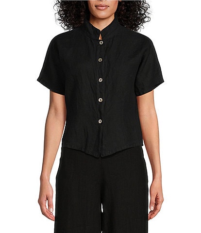 Bryn Walker Light Linen Mandarin Collar Short Sleeve Button-Front Shirt