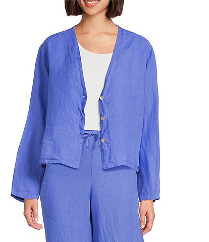 Bryn Walker Light Linen V-Neck 3/4 Sleeve Button Front Crop Cardigan