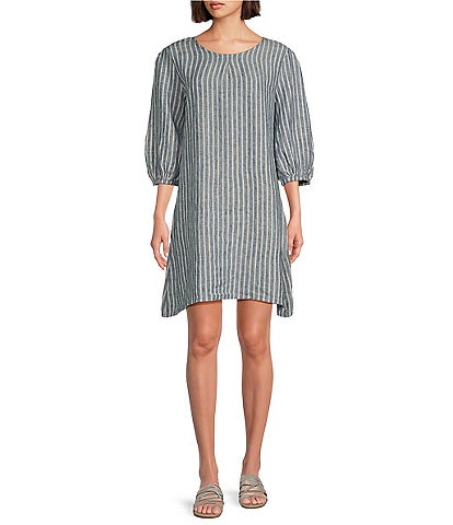 Bryn Walker Lucien Stripe Printed Linen Round Neck 3/4 Balloon Sleeve Dress