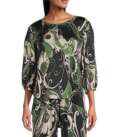 Bryn Walker Coordinating Lucinda Giardino Print Viscose Satin Round Neck 3/4 Sleeve Shirt
