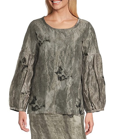 Bryn Walker Memory Crunch Marble Print Crew Neck Long Sleeve Taffeta Lantern Shirt