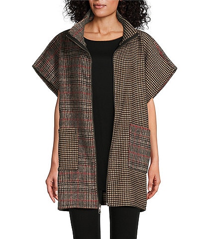 Bryn Walker Pip Doppio Faccia Recycled Plaid Mock Neck Cap Sleeve Poncho