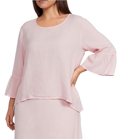 Bryn Walker Plus Fran Light Linen Round Neck 3/4 Ruffle Sleeve Shirt