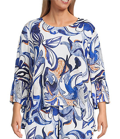 Bryn Walker Plus Fran Printed Round Neck 3/4 Ruffle Bell Sleeve Top